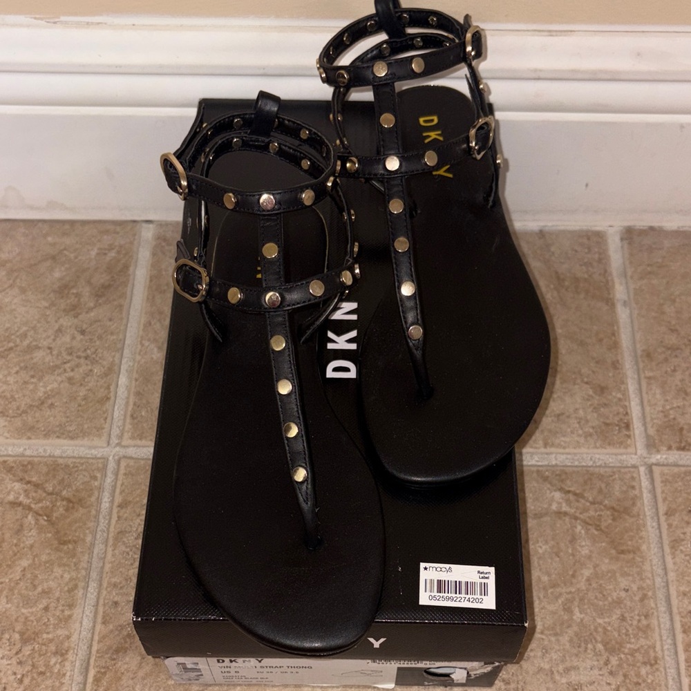 DKNY Black T-Strap Studded Ankle Buckle Sandals